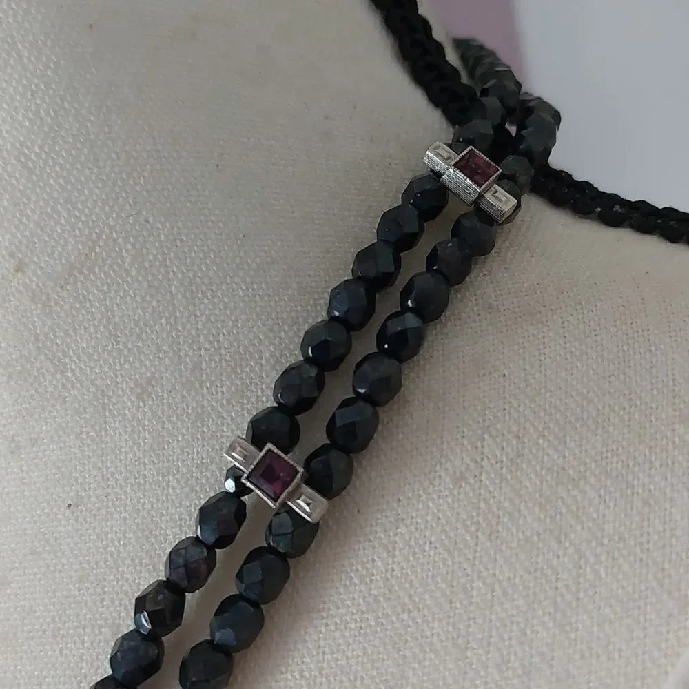 SOLD Vintage Faceted Glass Crystals Necklace with Round Rhinestone Paved Pendant - Picture 4 of 8